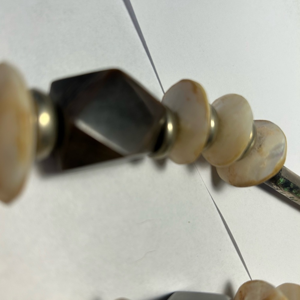 Vintage 1980’s large wood and mother of pearl and silver toned beaded necklace